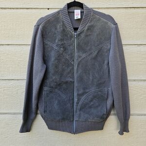 vtg St. Michael gray knit and suede full zip cardigan jacket size 40